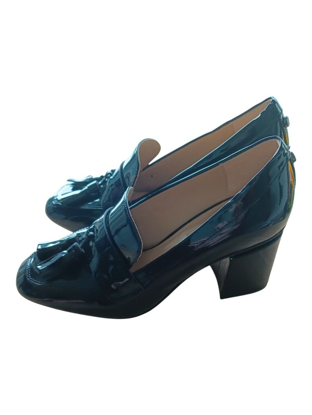 Antonio Melani Black All Leather Patent Tassel Thick Heel Size 6.5